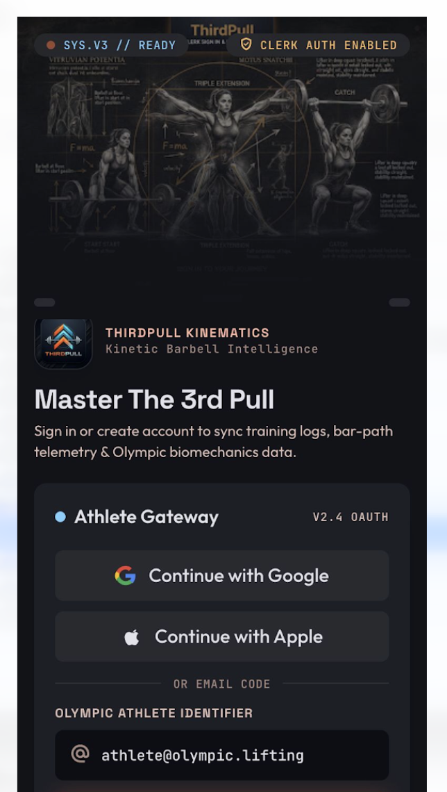 3rd Pull sign-in page showing kinetic barbell analysis with athlete gateway options