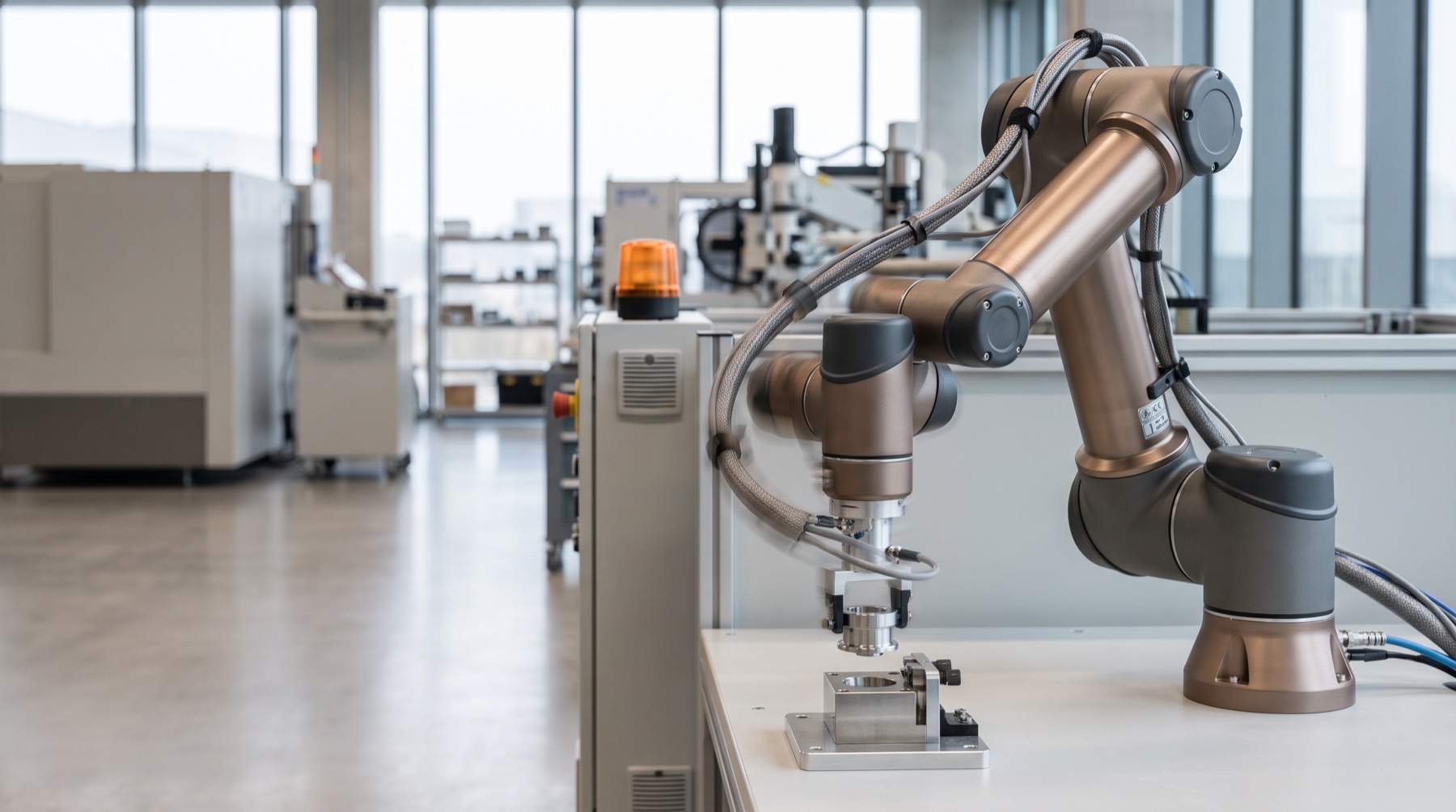 A collaborative robotic arm precisely handling a component in a modern robotics lab