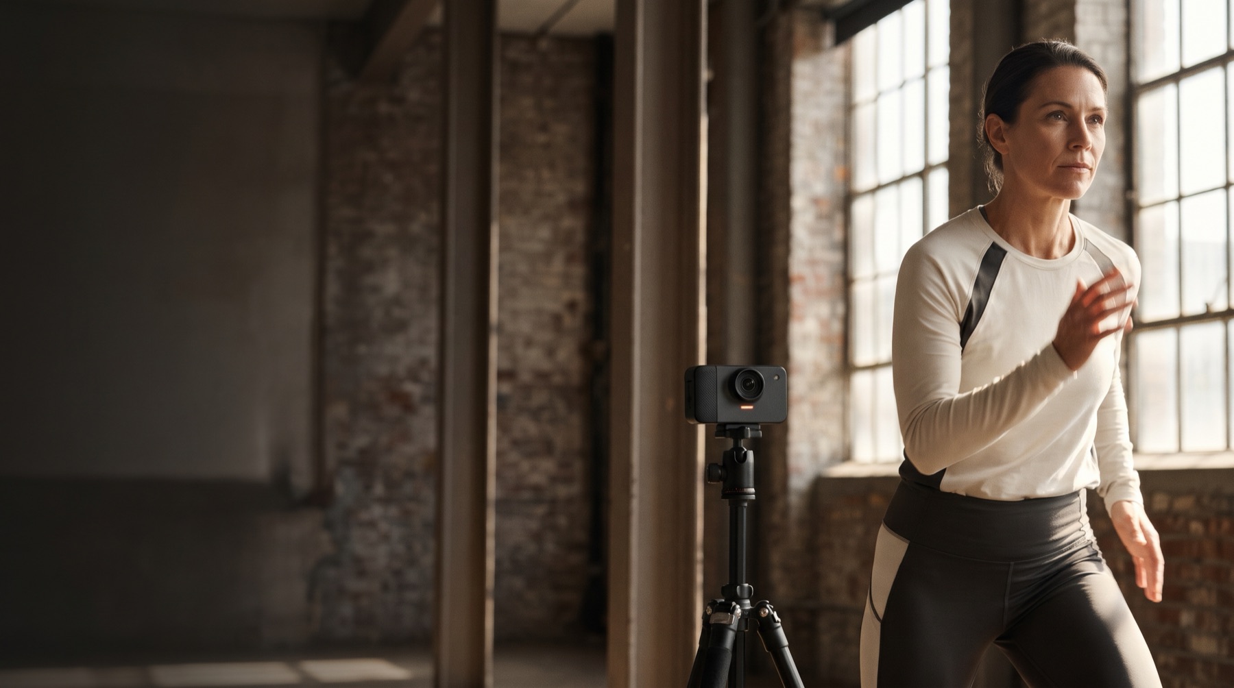 A focused athlete training while a compact vision camera observes from the side